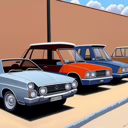 three old cars and a truck parked in front of a building,a group of classic cars parked on the side of the road