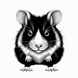 the black and white rat is sitting down