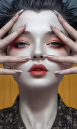 a woman wearing makeup, nails and a military shirt with her eyes closed