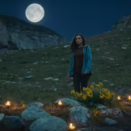 a woman in a field with a full moon behind her