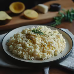 a plate with white rice and garnish next to sliced lemon