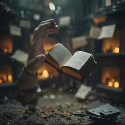 a person holding a book with many lit torches in the background