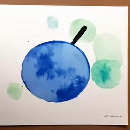 a watercolor painting of a blue ball and a black handle