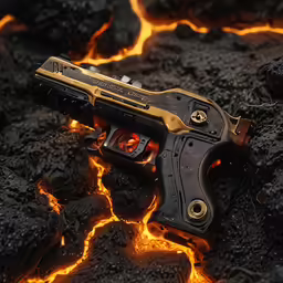 an open - fronted gun laying on top of lava with flames in the background