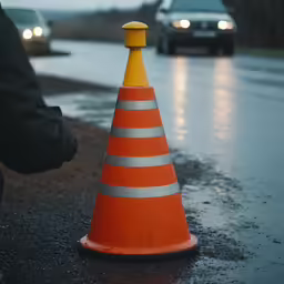 an orange and white cone sitting on the side of a road