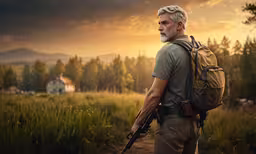 a man with a backpack stands in the grass holding a rifle,a man in the wild holding a rifle