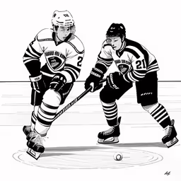 hockey players in action with the puck as an umpire watches,two hockey players are playing on the ice