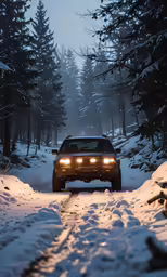 a jeep driving through a snow covered forest