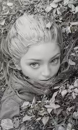 a little girl laying in leaves with blue eyes