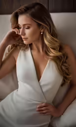 a beautiful woman laying down on top of a couch