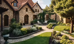 an outside courtyard and patio with plants on either side