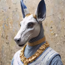 a white and gray animal wearing a collar