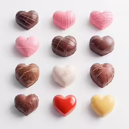 six chocolate hearts that look like they have different shapes