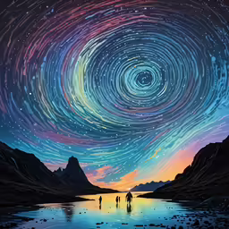 a painting of a couple under the stars in the night sky