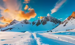 the sun sets over the mountains of the snow covered landscape