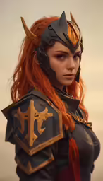 an image of a woman with horns and red hair wearing armor
