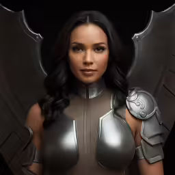 a woman wearing armor stands in front of a black background