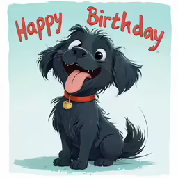a black dog smiling with a happy birthday message