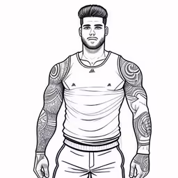 a guy with tattoos is standing in a shirt,a man with tattoos standing and looking to his left,a drawing of a man with a full chest and tattoos,an adult male figure is shown in this drawing,a man with a beard and tattoos drawn in black ink