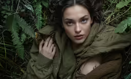 the woman is hiding in the ferns under a blanket