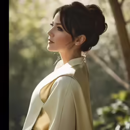 a beautiful young woman standing next to trees