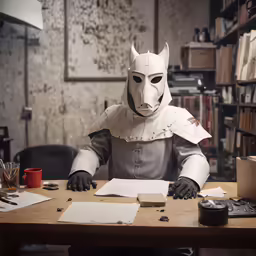 a person dressed in costume sitting at a table
