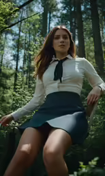 a woman in a dress sitting in the woods