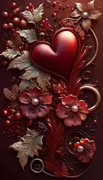 a red heart surrounded by roses and leaves