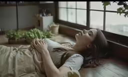 a woman lying on a bed next to a window