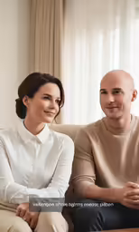 a man and a woman smiling while sitting on a couch