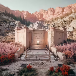 a building in the middle of some flowers