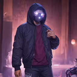a man in a gas mask is holding something,a young man dressed up as the mask of an animal is lit up