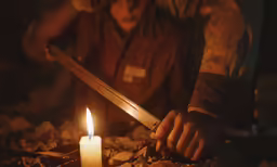a man is working with a long knife