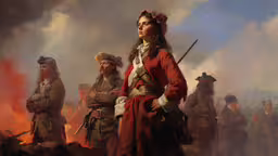 an oil painting of a man dressed in native clothes,a painting of three people in native dress and with red cloaks standing by a fire