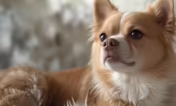 the dog is wearing big fluffy ears and looks to its left