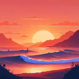 a painting of a sunset on the water,a painting of a landscape at sunset