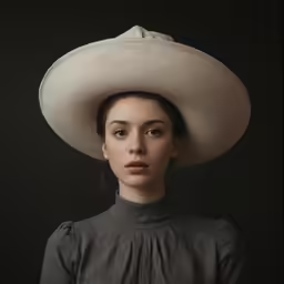 the woman is wearing a white hat for a portrait