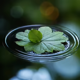 leaf floating in water, on green surface