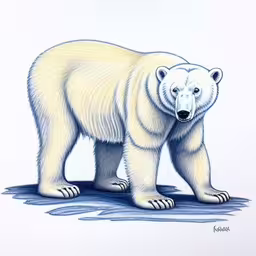 an adult polar bear is standing on the edge of the ground