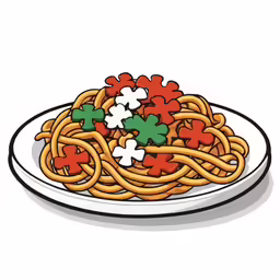 spaghetti with red, green and white crosses on top