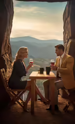 a man and woman in conversation in an outdoor patio area