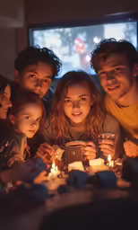 two adults and two children looking at candles