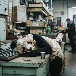 a creepy doll head is laying on a desk