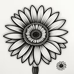 a sunflower drawing with black and white lines