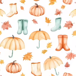 fall pattern with orange boots, umbrella and maple leaf