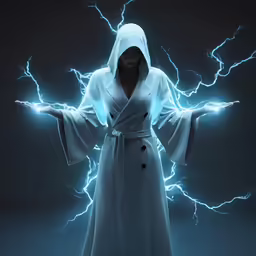 a person wearing a robe with lightning streaks coming from her hands