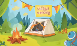 an illustration of an outdoor camping space with a person inside a tent