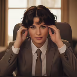 a woman in a suit is sitting in an office chair with her hands on her ears