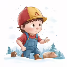 a kid in overalls and a hat points at the ground next to a bear