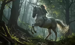 a girl is riding a horse in the woods